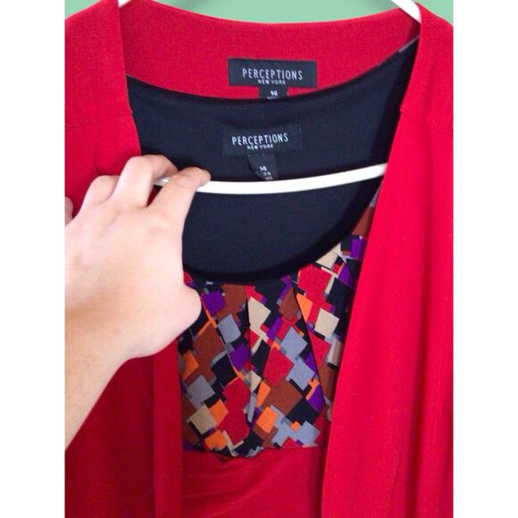 Perceptions Women’s Size 14 Dress Red Bolero Multi-Color Geometric Print - Picture 2 of 5